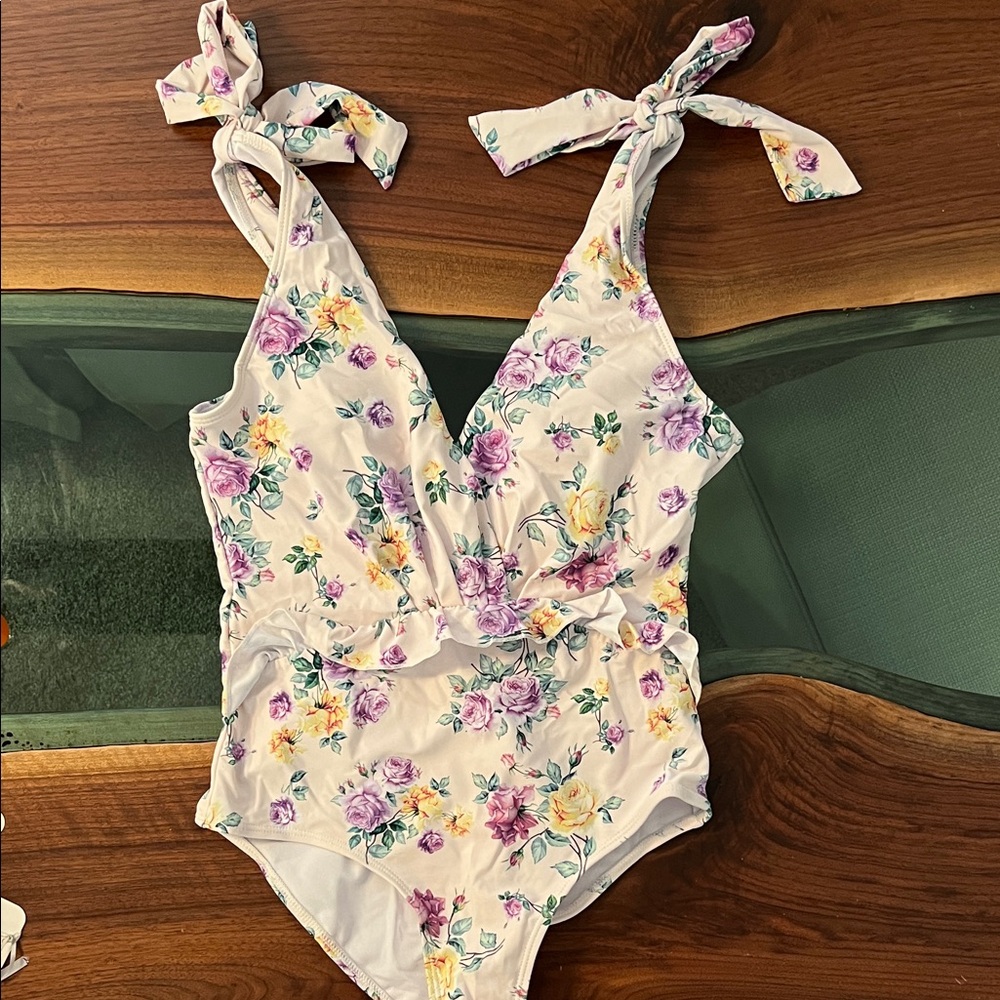 Women’s Floral Tie-Shoulder One-Piece Swimsuit - Cream with Pink & Yellow Roses